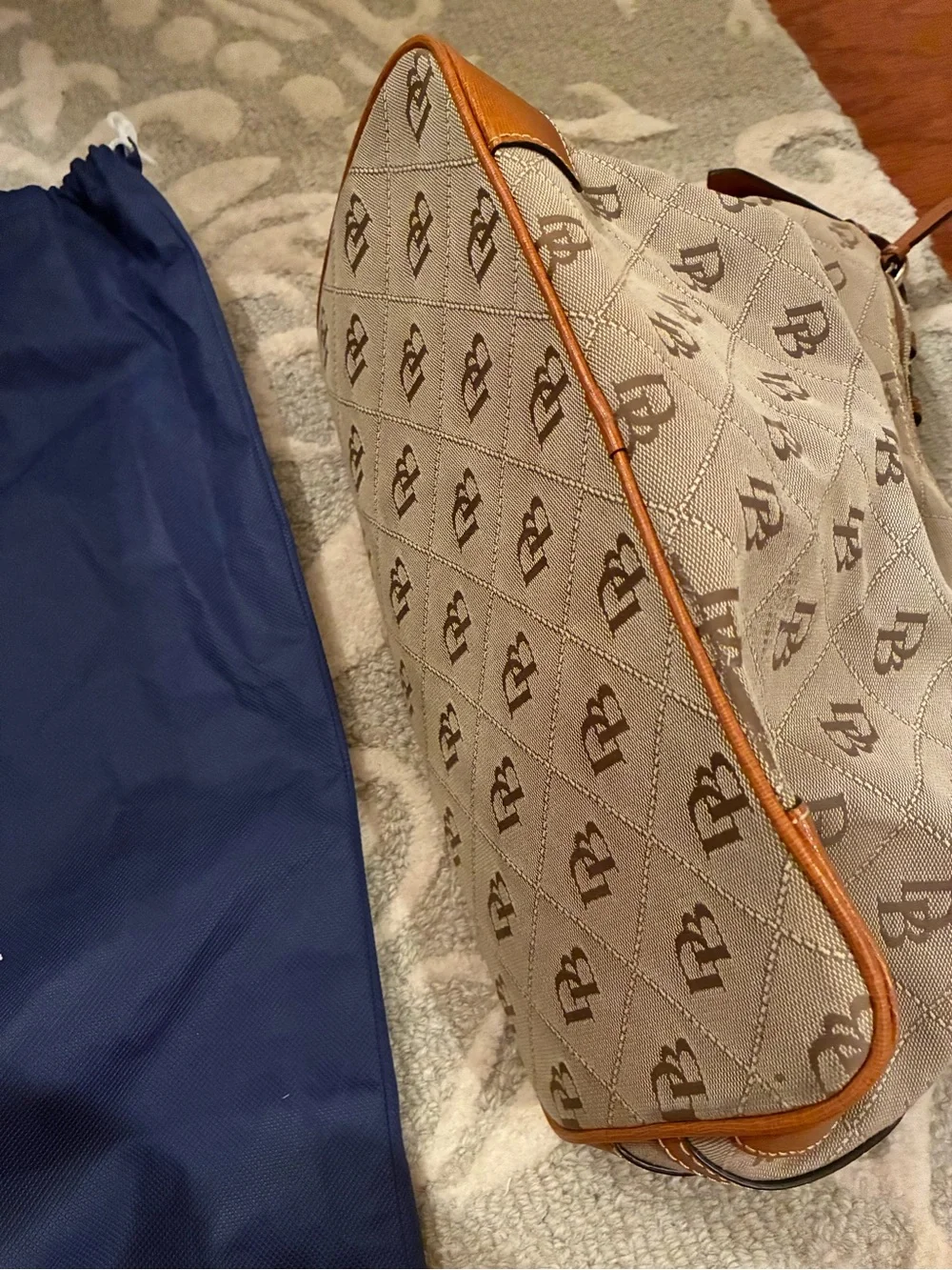 Dooney & Bourke Tan Logo Quilted Hobo with Cognac Trim Purse